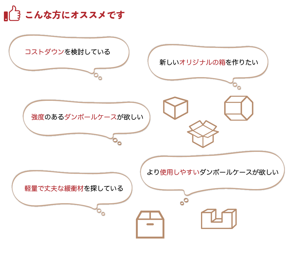 ダンボールの加工・設計の有限会社カートンパーツセンターの扱うダンボールはこんな方にオススメです。コストダウン・新しいオリジナルの箱・強度のある段ボールケース・使用しやすい段ボールケース・軽量で丈夫な緩衝材